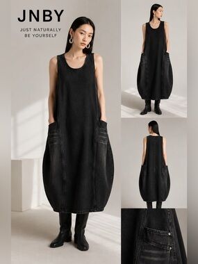 JNBY Denim Sleeveless Dress XL Black Cotton Linen Cocoon Midi Lagenlook